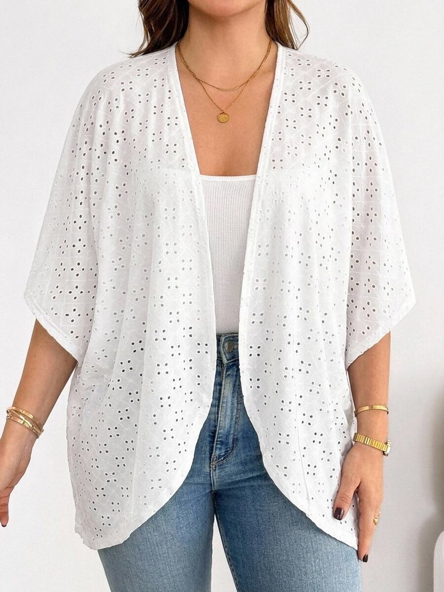 SHEIN Essnce Plus Size Women's 3/4 Sleeve Loose Floral Hollow Out Cardigan, Suitable For Autumn - White - View 1