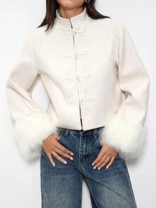 Maija Women's Solid Color Frog Button Design Patchwork Faux Fur Cuff Chinese Style Overcoat,Going Out Outfits, Work Outfits For Women,Fall Clothes - Apricot - View 1