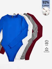 SHEIN BASICS 女款純色圓領長袖休閒連身衣T恤 - 酒紅色 - 查看 7