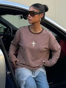 Muchica Casual Retro Y2K Style Pink & Brown Striped Loose Plus Size Long Sleeve T-Shirt, Versatile Design, Suitable For Music Festivals, Parties And Summer Daily Wear - Multicolor - View 4