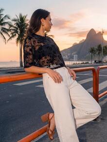 CAJUNI Cropped Boxy Short-Sleeved T-Shirt Made Of Sheer Jacquard Tulle. - Black - View 6