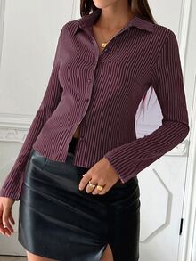 SHEIN 女款條紋長袖單排扣休閒通勤襯衫 - 中紫紅色 - 查看 4