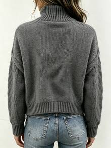 SHEIN Autumn/Winter Vintage Chunky Cable Knit Turtleneck Sweater, Loose Lazy Comfortable Winter Pullover Knit Top - Dark Grey - View 2