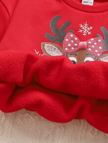 SHEIN Baby GirlCasual Comfortable Cute Cartoon Deer Pattern Crew Neck Sweatshirt - Red - View 8