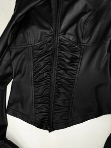 BamGleam Women's Solid Color PU Leather Zipper Front Pleated Fashion Jacket - Black - View 8