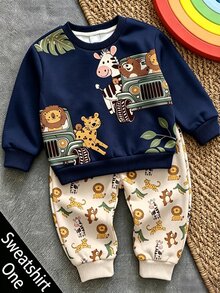 Infant Toddler Round Neck Casual Pullover Sweatshirt, Classic Cute Hand-Drawn Fairy Tale Animal World Pattern Print, Animal Protection Patrol , Leopard, Tiger, Lion, Zebra, Crocodile Pattern Print, Suitable For Autumn/Winter, Thermal Lined Thickened - Multicolor - View 1