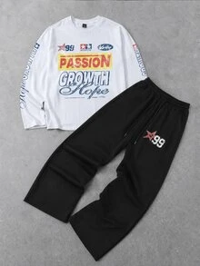 ROMWE MEN Street Life Men's Letter Print Sports T-Shirt And Drawstring Waist Long Pants Set - White - View 3