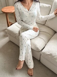 DAZY Women's Bow Print Long Sleeve Top And Pants Pajama Set - White - View 1