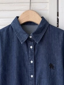 SHEIN EZwear 女款長袖單排扣襯衫與長褲休閒牛仔套裝 - 深色水洗藍 - 查看 3