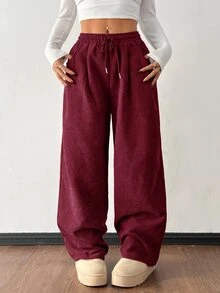 SHEIN PETITE 女款秋冬街頭時尚休閒復古燈芯絨紋理長褲 - 酒紅色 - 查看 7