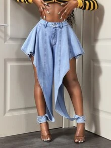 Slaydiva Plus Size Women's Asymmetrical Cutout Casual Versatile Daily Wear Denim Jeans - Blue - View 5