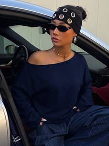 SHEIN EZwear 女款休閒深藍色露肩寬鬆長袖衛衣，33%棉，女款反季服飾 - 藏蓝色 - 查看 5