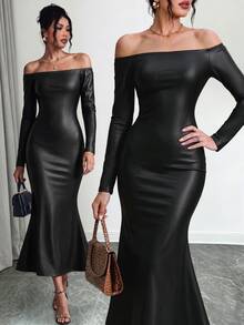 SHEIN Elenzya Gaun Elegan Wanita Warna Polos Lengan Panjang Tanpa Bahu dengan Potongan Model Duyung - Hitam - View 1