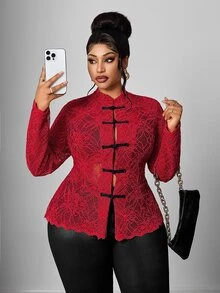 Maweii Plus Size Women's Elegant Vintage New Chinese Style Red Lace Sexy Long Sleeve Blouse - Red - View 7