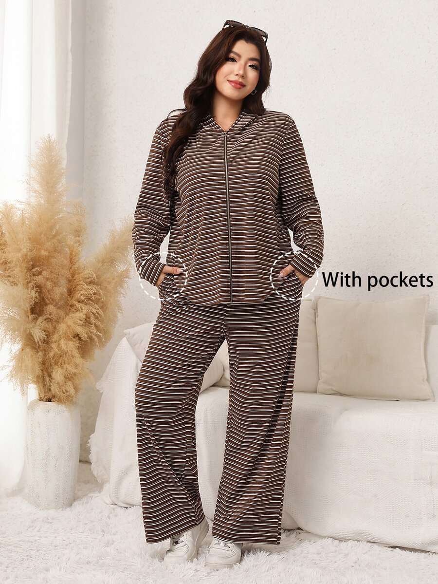 Easowa Curve Casual Minimalist Zip-Up Striped Hoodie & Long Sleeve 2 Pieces Set - Multicolor - View 1