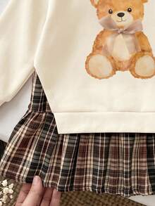 4-7 Years Old Girls Cute Bear Pattern & 3D Bow Decor Round Neck Sweatshirt Dress, Plaid Digital Print Hem, Sweet Style, Preppy Style, Suitable For Autumn/Winter Wear - Multicolor - View 7