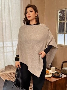 Vionelle Atasan Poncho Wanita Ukuran Besar, Kasual, Minimalis, Dekorasi Kancing Emas, Warna Khaki, Cocok untuk Aktivitas Sehari-hari, Kerja, Perjalanan, Musim Gugur, dan Musim Dingin. - Khaki - View 5