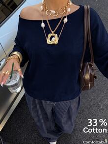 SHEIN EZwear 女款休閒深藍色露肩寬鬆長袖衛衣，33%棉，女款反季服飾 - 藏蓝色 - 查看 2