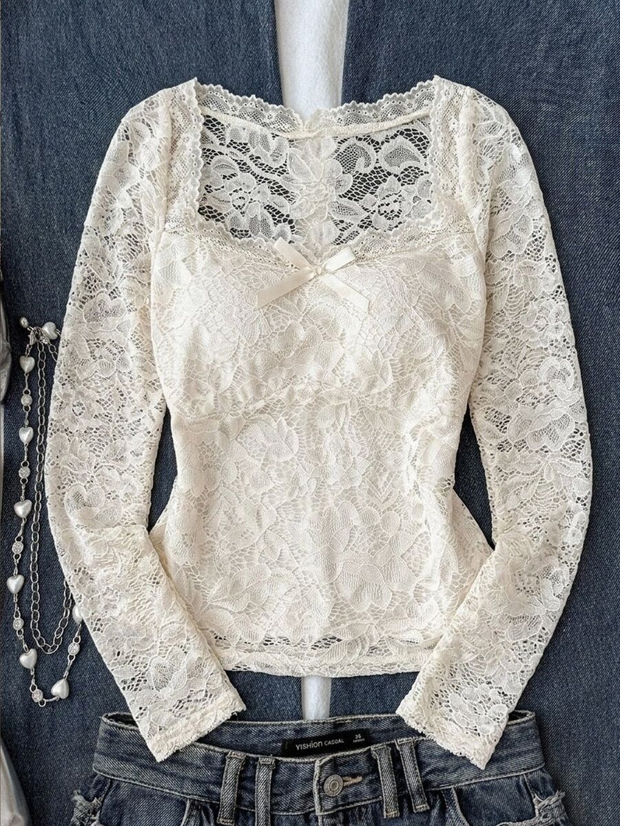 Teen Girl Knit Lace Patchwork Ruffle Bow Casual Long Sleeve T-Shirt - Apricot - View 1