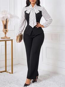 SHEIN Lady Women's Elegant 2 Pieces Set With Patchwork Polka Dot Pattern Tie Neck Blouse And Flare Pants - Black and White - View 5