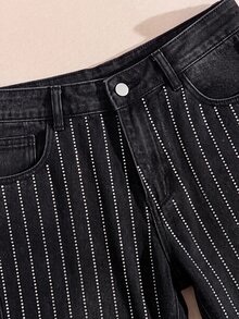 Comfortcana Plus Size Women Y2K Black Rhinestone Sparkly Stripe High Waist Straight Leg Denim Jeans Fall Party Night Out Pants - Black - View 3