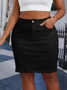 SHEIN Essnce Plus Size Women's High Waist Bodycon Casual Denim Mini Skirt - Black - View 7