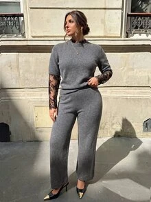 Firerie Women's 2 Pieces Knit Set With Lace Patchwork Round Neck Short Sleeve Textured Sweater And Draped Long Pants Winter - Grey - View 5
