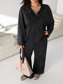 Solflare Plus Size Women's Autumn/Winter Distressed Drop Shoulder Long Sleeve T-Shirt And Wide Leg Pants Casual 2 Pieces Set - Black - View 3
