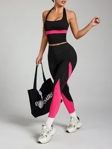 SHEIN Sports Setelan Olahraga Wanita: Tank Top Model Halter Neck dan Legging Ketat Bergaris dengan Blok Warna - MultiWarna - View 1