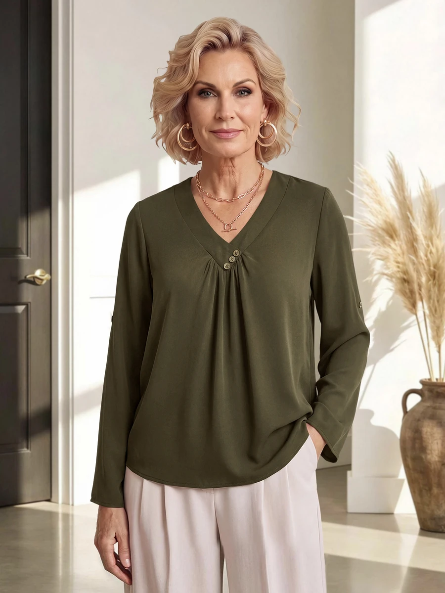 Miaspire Casual Elegant Design, V Neck Pleated Element, Long Sleeve Shirts, Flowy Army Green, Relaxed Fit Blouse, Daily Social Party, Christmas, Autumn - Army Green - View 1