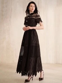 Anewsta Gaun Panjang Elegan Wanita Lengan Pendek dengan Desain Kancing dan Jala Renda Kontras - Coffee Brown - View 4