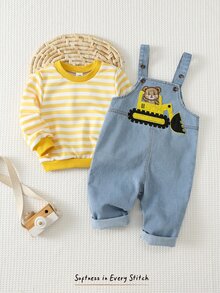 Cozy Pixies Baby Boy Striped Crew Neck Sweatshirt And Cartoon Bear Embroidered Denim Overalls Casual Set - Yellow - View 3