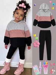 SHEIN Baby Girl Color Block Patchwork Loose Fleece Brushed Ribbed Elastic Fabric Hooded Pullover Top Basic Ribbed Leggings Suitable For Winter - Multicolor - View 1