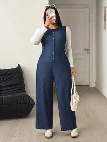 Flexra Jumpsuit Denim Kasual Wanita Ukuran Besar - Dark Wash - View 6