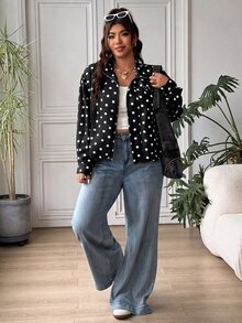 SHEIN EZwear 大尺碼女款波點休閒百搭日常長袖夾克 - 黑與白 - 查看 4