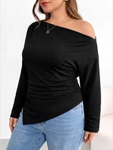 Shapeblank Women's Plus-Size Black Long-Sleeve T-Shirt – Stylish, Casual, Loose & Stretchy – Cold-Shoulder Design With Asymmetrical Hem (Autumn/Winter),Fall Tops - Black - View 5
