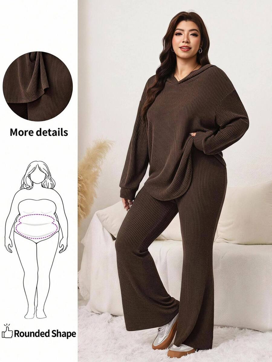 SHEIN LUNE Plus Size Women's Solid Color Long Sleeve Top And Flare Leg Pants Casual Daily 2 Pieces Set - Brown - View 1