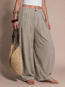 SHEIN BAE CURVE Plus Size Women's Casual Boho Vacation Black And White Checkered Textured Striped Loose Patchwork Long Pants Suitable For Outings Daily , Halloween, - Khaki - View 3