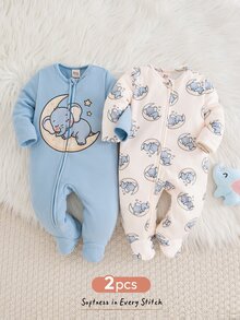 Cozy Pixies 2件組新生兒嬰兒休閒日常舒適大象印花拉鍊長袖長褲家居服，2款各1件，共2件套 - 藍色 - 查看 3