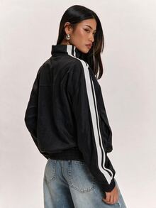 SHEIN BAE Women's Casual Jacket With Side Stripe And Frog Button Design - Black - View 2