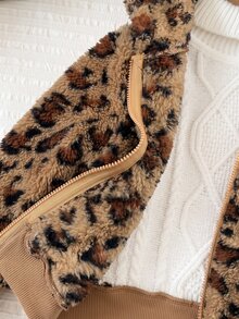 SHEIN Baby Girl Leopard Print Long Sleeve Zip-Up Fleece Hooded Jacket - Brown - View 5