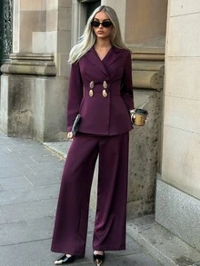 Aloruh Women's Metal Double-Breasted Long Sleeve Jacket And Pants Elegant Suit Set - Burgundy - View 4