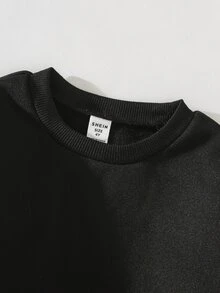 SHEIN 少女秋季豹紋印花背後圖案時尚寬鬆極簡圓領抓絨內裡黑色運動衫 - 黑色 - 查看 5