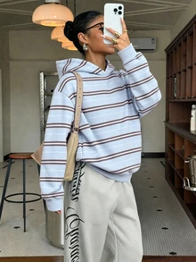青少年女孩休閒極簡基本款粉色條紋寬鬆加厚連帽衛衣，適合秋冬日常、街頭、外出、校園、運動，甜美風格 - 白色 - 查看 5