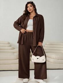 SHEIN EZwear 咖啡棕休閒女款大尺碼長袖單排扣襯衫與寬腿褲2件套 - 咖啡棕 - 查看 4