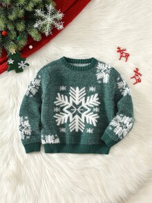 Kids Young Boy Young Boy Snowflake & Plant Pattern Crew Neck Long Sleeve Pullover Autumn Sweater Suitable For Christmas - Multicolor - View 2