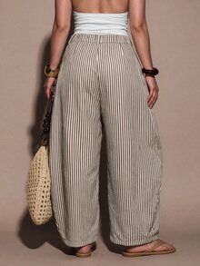 SHEIN BAE CURVE Plus Size Women's Casual Boho Vacation Black And White Checkered Textured Striped Loose Patchwork Long Pants Suitable For Outings Daily , Halloween, - Khaki - View 4