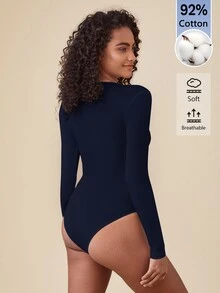 SHEIN BASICS 女款純色圓領長袖休閒連身衣T恤 - 藏蓝色 - 查看 5