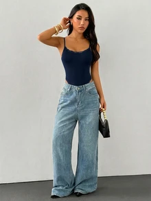 SHEIN PETITE 女款蕾絲飾邊細肩帶連身內衣 - 寶藍色 - 查看 7
