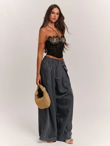 SHEIN BAE Winter Clothes Women's Grey Striped Loose Casual Long Pants Elegant Party Beach Wedding Halloween Christmas - Dark Grey - View 5